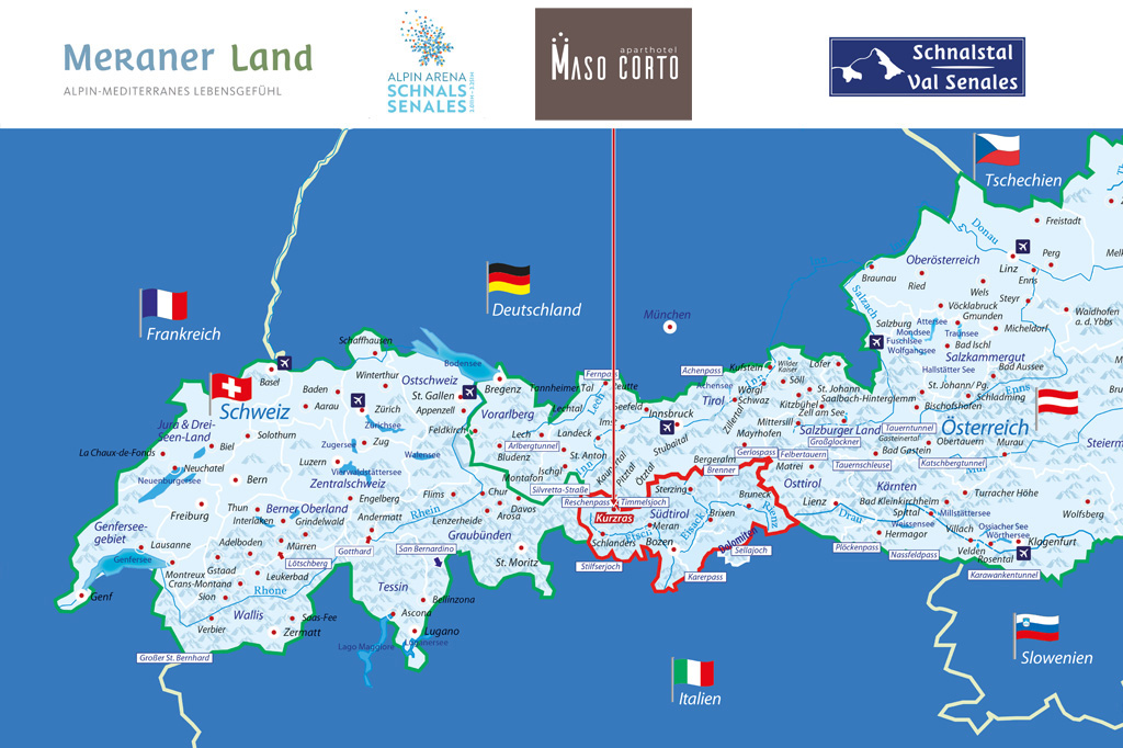 Auf dieser Alpenkarte kannst Du sehen wo sich das Aparthotel Maso Corto in Südtirol befindet