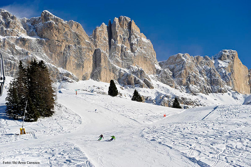 Skifahren am Fuße von Rosengarten und Latemar