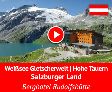 Sie ist das Hotelhighlight in den Hohen Tauern im Salzburger Land in Österreich! Die Rudolfshütte auf 2.315 m in der Weißsee Gletscherwelt. Das Angebot im Berghotel Rudolfshütte ist einmalig für diese Höhe: All inklusive beim Essen & Trinken, Panoramahallenbad, Panoramasauna, 300 m² Indoor-Kletterwand, Kinderclub, Kinderprogramm ... mehr Info auf YouTube!