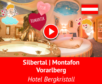 In Vorarlberg, im kleinsten Bundesland Österreichs,  geht’s romantisch zur Sache! Im 4-Sterne Hotel Bergkristall in der kleinen Gemeinde Silbertal erwarten Dich nach einem aktiven Tag in den Montafoner Bergen ein großer Wellnessbereich mit Pool, Massagen oder Beautybehandlungen und Romantikzimmer mit runden Himmelbetten. Mehr Info auf YouTube!