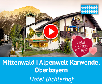 Nördlich des Isar-Ursprungs zwischen Wetterstein und Karwendel, dort wo Bayern auf Tirol trifft, liegt der oberbayerische Geigenbau- und Luftkurort Mittenwald. In dieser Bilderbuchlandschaft ist das Hotel Bichlerhof Dein Gästehaus mit Herz und zugleich der ideale Ort leckere bayerische Köstlichkeiten und Bierspezialitäten kennenzulernen. Mehr Info auf YouTube!