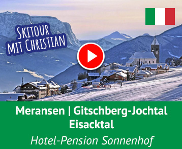 Erlebe eine Skitour mit Gastgeber Christian Unterkircher von der Hotel-Pension Sonnenhof Meransen im Skigebiet Gitschberg-Jochtal (Skiverbund Dolomiti Superski). Die Bergbahnen befinden sich in direkter Nähe zum Hotel. Mehr Info auf YouTube!