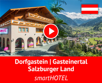 Im Herzen der Gasteiner Bergwelt in den Hohen Tauern ist das smartHOTEL Dein junges neues Urlaubszuhause! Ein voll cooles und trendiges Hotel im Zentrum von Dorfgastein im Salzburger Land (Österreich), in dem auch Hunde erlaubt sind. Nur 450 m bis zur Fulseck Gipfelbahn, ein Paradies für Wanderer, Biker, Kletterer und Golfer. Inklusivleistungen: Nutzung des Saunabereichs,  free Sky-TV in der Sky Sports Bar,  Yoga, gratis Eintritt ins Solarbad Dorfgastein, was nur 500 m vom Hotel entfernt ist. Mehr Info auf YouTube!