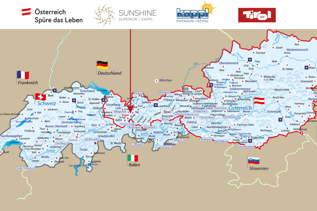 Auf dieser Alpenkarte kannst Du sehen wo sich das Hotel Sunshine Superior in Österreich befindet