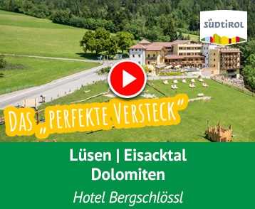 Mitten in der Natur, 1040 m über dem Alltag und mit sagenhaftem Blick auf den Peitlerkofel in den Dolomiten bist Du im 4-Sterne-Hotel Bergschlössl im Wanderdorf Lüsen genau richtig, wenn Du den ideale Rückzugsort in Südtirol suchst… von kuscheligen Schlafgemächern über königlichen Suiten, teilweise mit Whirlpool und Sauna, und mit viel heimischen Hölzern und Natursteinen ausgeschmückt, findest Du hier das Richtige für Dich. Mehr Info auf YouTube!