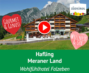 Direkt an der Bergbahn bei Hafling thront das familiengeführte 4 Sterne Wohlfühlhotel Falzeben, in dem Du sicherlich einen Deiner schönsten Südtirol-Urlaube Deines Lebens verbringen wirst. Gesundheitsbewusste und Genießer kommen hier gleichsam auf ihre Kosten, ob Olivenöl-, Wein- oder Schnapsverkostungen, Yoga, geführte Genusswanderungen oder eine Weinbergbesichtigung. Mehr Info auf YouTube!